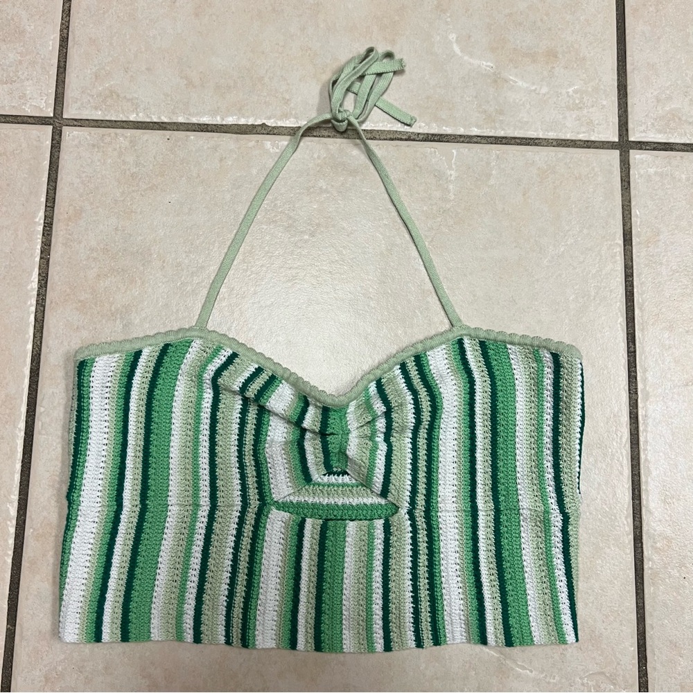 Women's Cutout Knit Strappy Halter Top Cotton Crochet Green Tone Boho Fairy Top